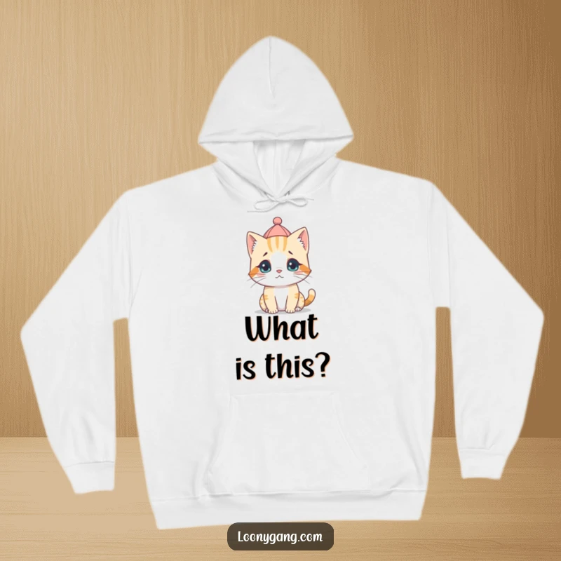 Soft, warm hoodie featuring a funny, confused cat cub sporting a tiny hat worn backwards, radiating cute bewilderment.