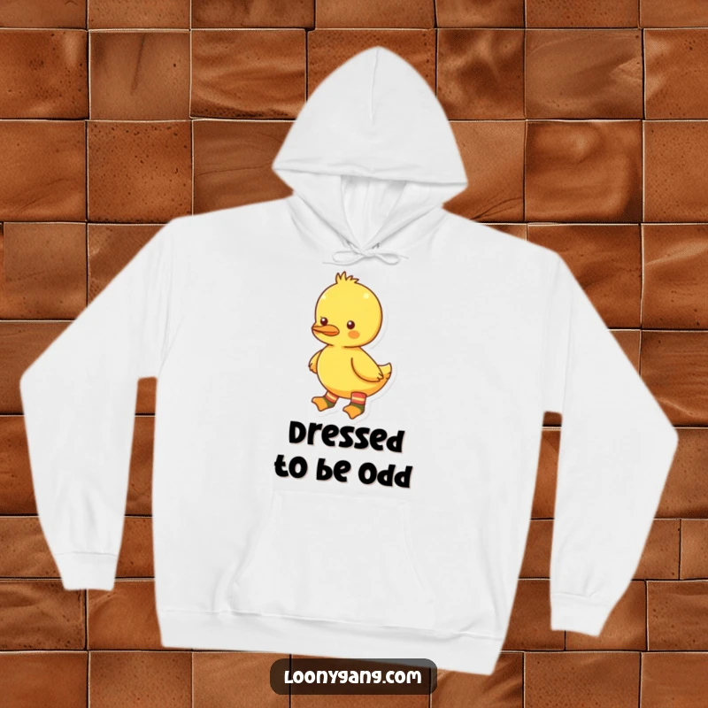 Funny bright yellow duckling hoodie showcasing mismatched socks, embodying a spirit of cheerful individuality and gentle humor. Cozy and funny.
