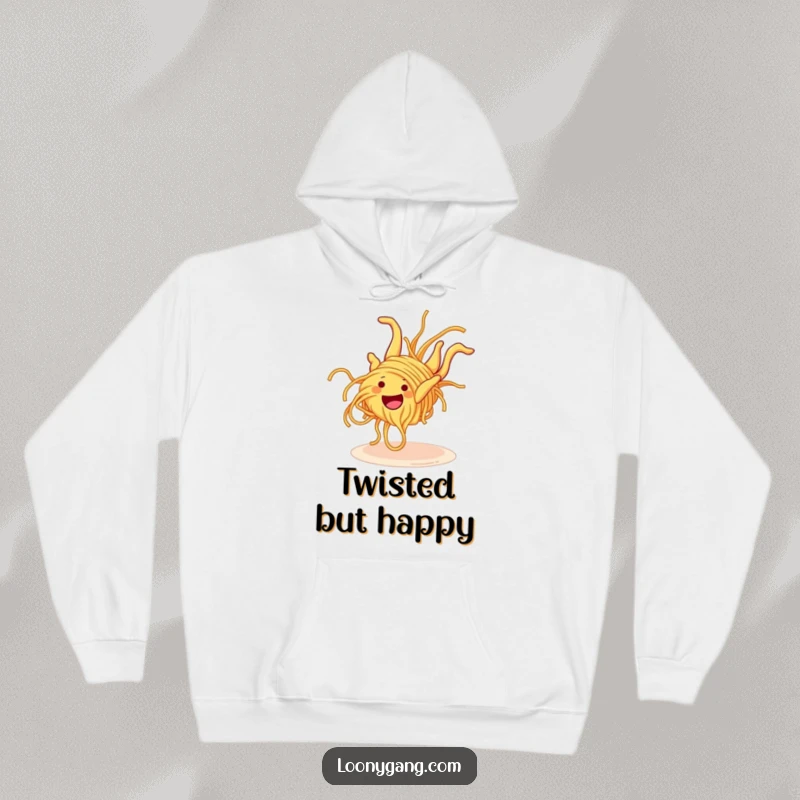 Funny Spaghetti Somersault Hoodie featuring a grinning spaghetti noodle doing a hilarious, clumsy somersault, providing cozy comfort and comical style.