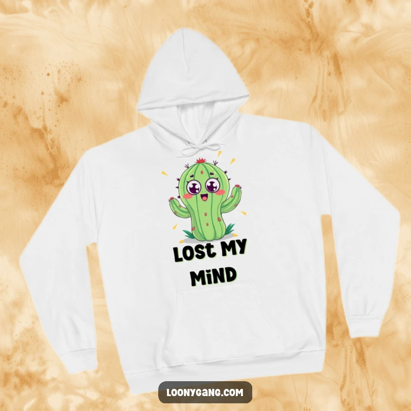 Funny hoodie with a cactus whose googly eyes are spinning so fast it's a blur, looking utterly frantic and hilarious. A warm, comical garment.