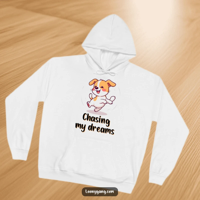 Funny Wobbly Dog Hoodie showing a dog happily spinning after its tail, offering warmth and a humorous design for casual wear.