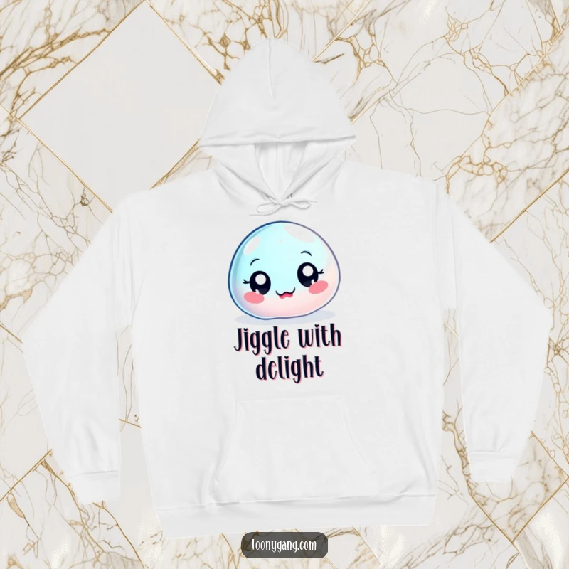 Funny wobbly jelly blob hoodie, a big-eyed, jiggly character caught in a moment of hilarious, uncontrolled wobbling.