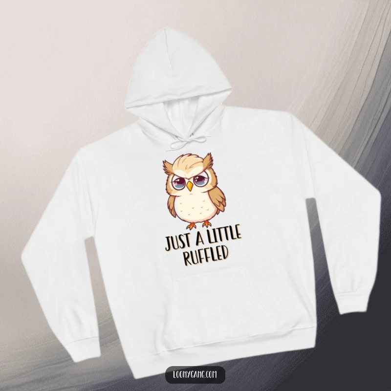 Funny owl hoodie with a flustered look and a ridiculously oversized feather, embodying a spirit of charming chaos and gentle humor. Cozy and funny.