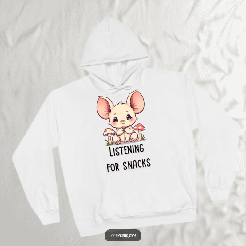 Funny creature hoodie featuring a character with oversized ears listening intently to a miniature mushroom, embodying deep focus.