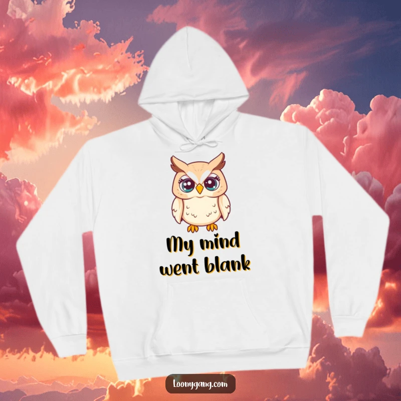 Funny hoodie design of a startled owl with eyes popping out, cozy and humorous apparel, great funny gift.