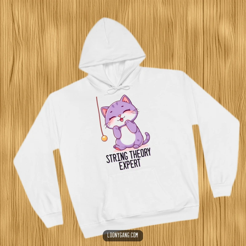 Funny purple cat hoodie showing a cute cat enthusiastically playing with a dangling string, exuding playful energy. A warm funny gift.