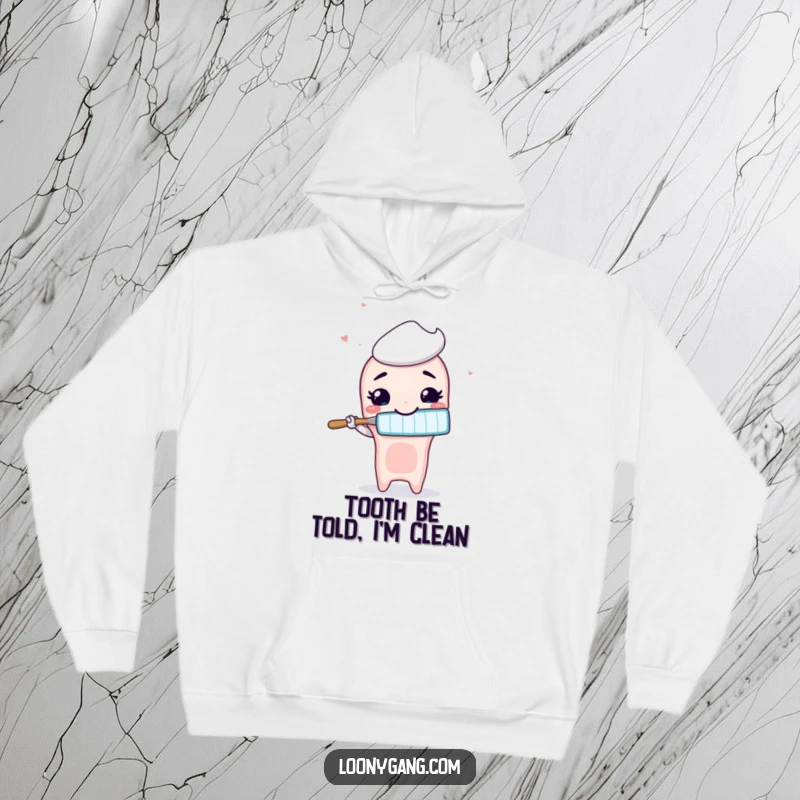 Funny animated toothbrush with a wide, goofy smile brushing air, depicted on a comfortable and humorous hoodie.