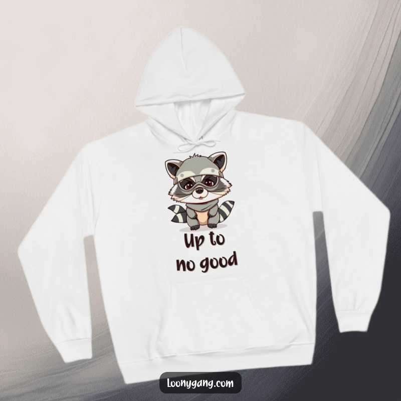 Funny raccoon hoodie with a giggling raccoon wearing a bandit mask, perfect for cozying up mischievously.