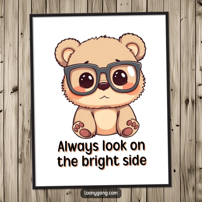 Funny Free Printable wall art of a silly bear cub sporting oversized glasses and peering curiously, a smart download.