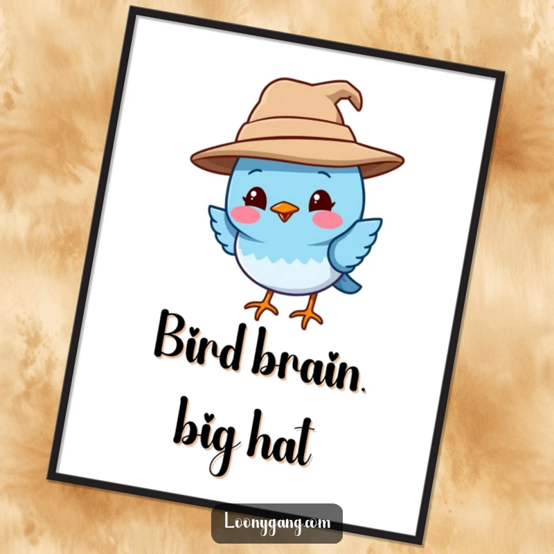 Funny free printable wall art of a smiling blue bird wearing an oversized, crooked hat. A downloadable piece of charm!
