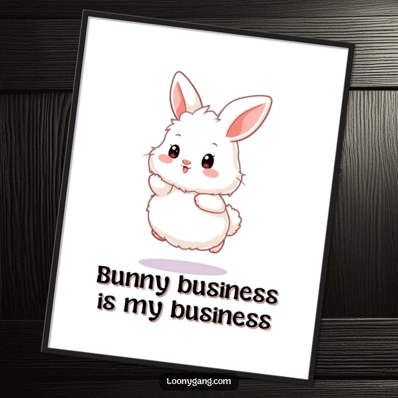 Funny Free Printable Wall Art: A fluffy white bunny hops with an exaggerated wiggle, bringing smiles.