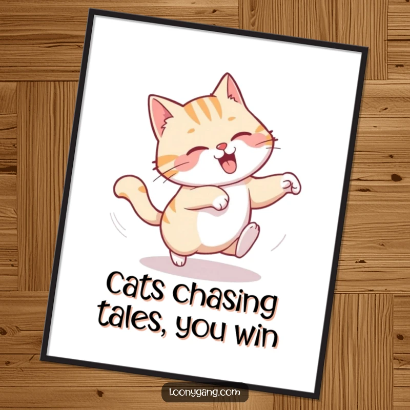 Funny Free Printable Wall Art: A chuckling cat comically spinning in a dizzying chase after its own tail.