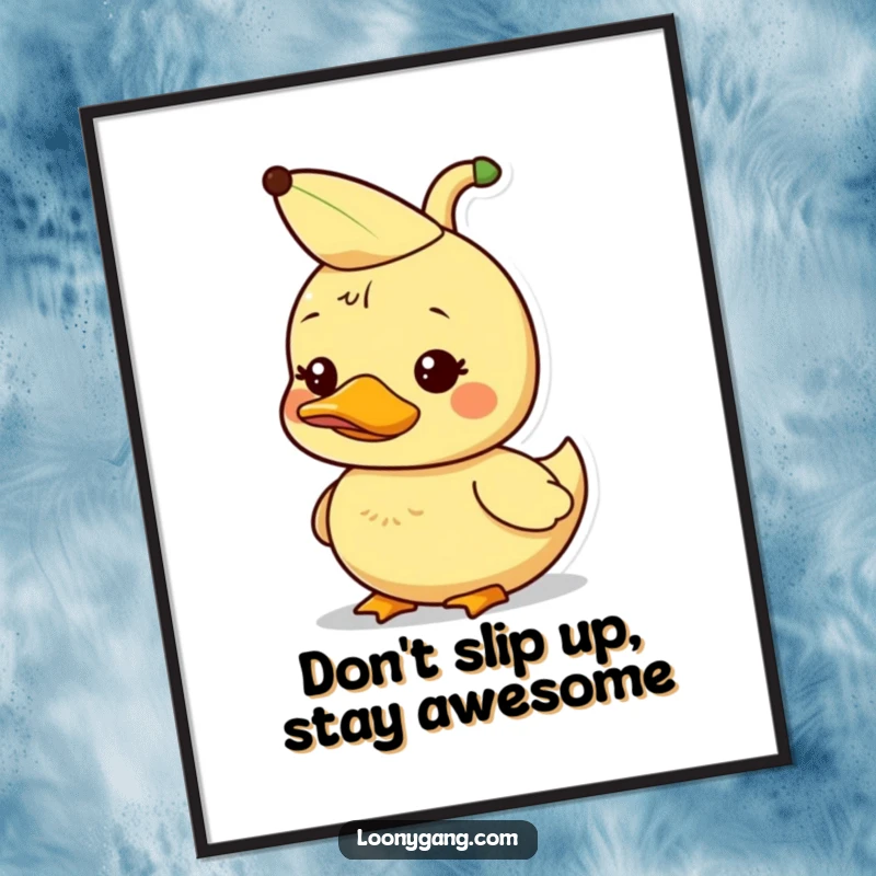 Funny Free Printable Duckling Wall Art: Dorky duckling wearing a banana peel on its head, looking amusing.