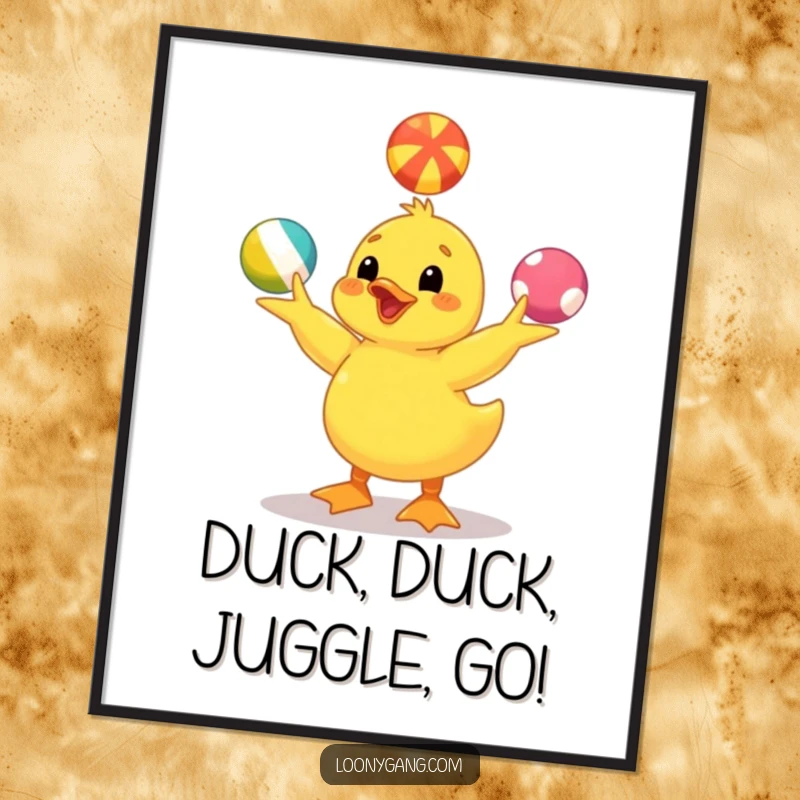 Funny Free Printable Wall Art: A vibrant yellow duckling joyfully juggling three colorful balls with flair.