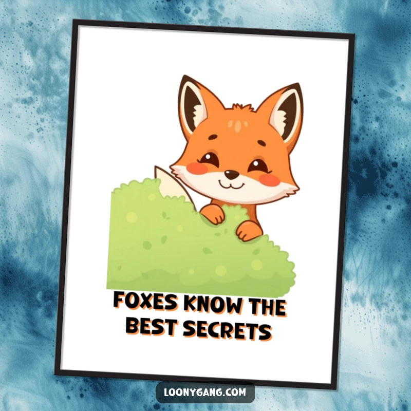 Funny Free Printable Wall Art: A mischievous fox with a wide grin peeks out from behind a lush green bush, looking playful.