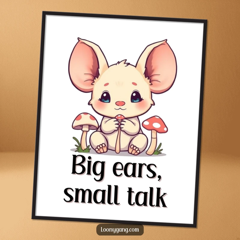 Funny Free Printable Wall Art: Creature with oversized ears intently listening to a tiny, cute mushroom.