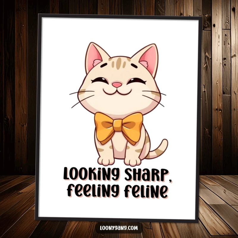 Funny Free Printable Wall Art of a grinning cartoon cat wearing an oversized bowtie and striking a ridiculously silly pose.