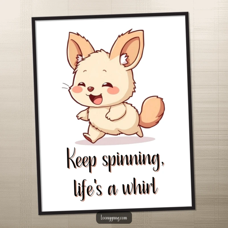 Funny Free Printable wall art depicting a giggling, furry creature with huge ears in a comical, joyful pursuit of its tail.