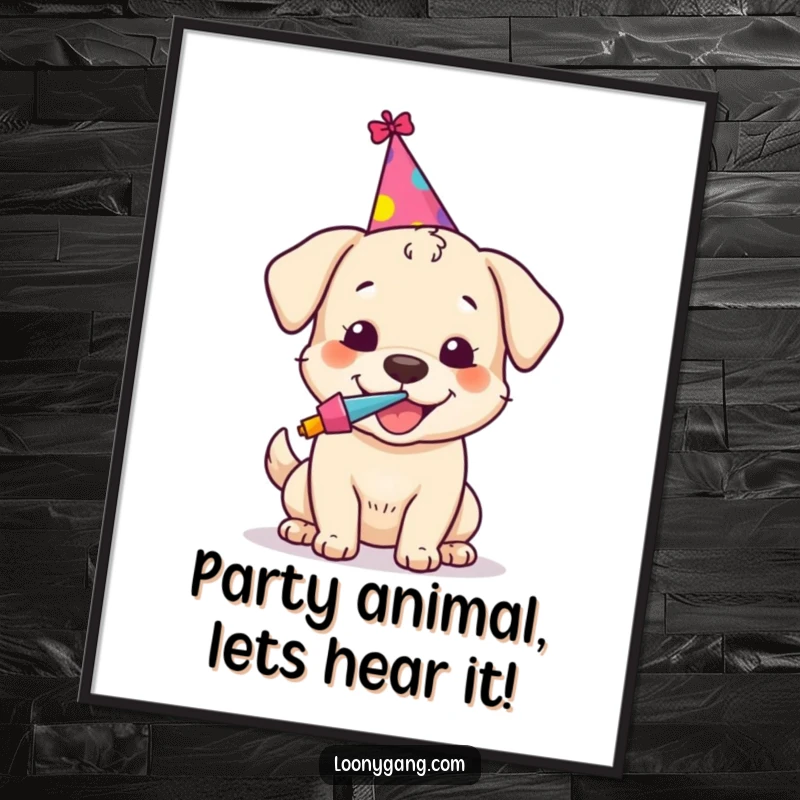 Funny Free Printable Wall Art: A happy dog wearing a tiny party hat blowing a colorful party noisemaker.