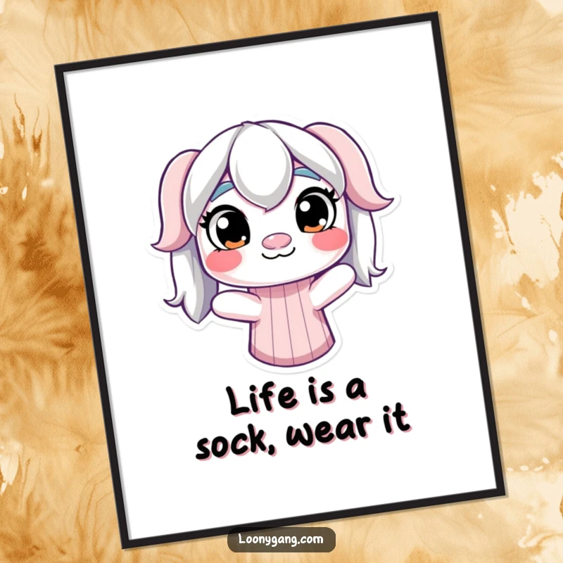 Funny Free Printable Wall Art: a derpy sock puppet with mismatched eyes wiggling, adding a touch of whimsy.