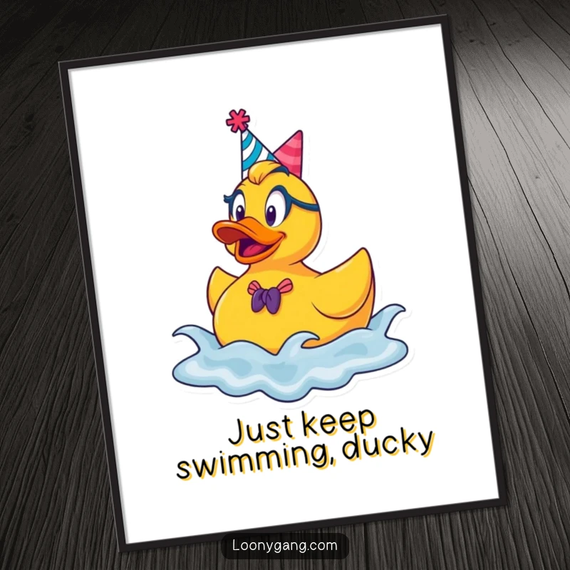 Funny Free Printable Wall Art: A goofy rubber ducky in a party hat bouncing energetically on waves, fun downloadable art.