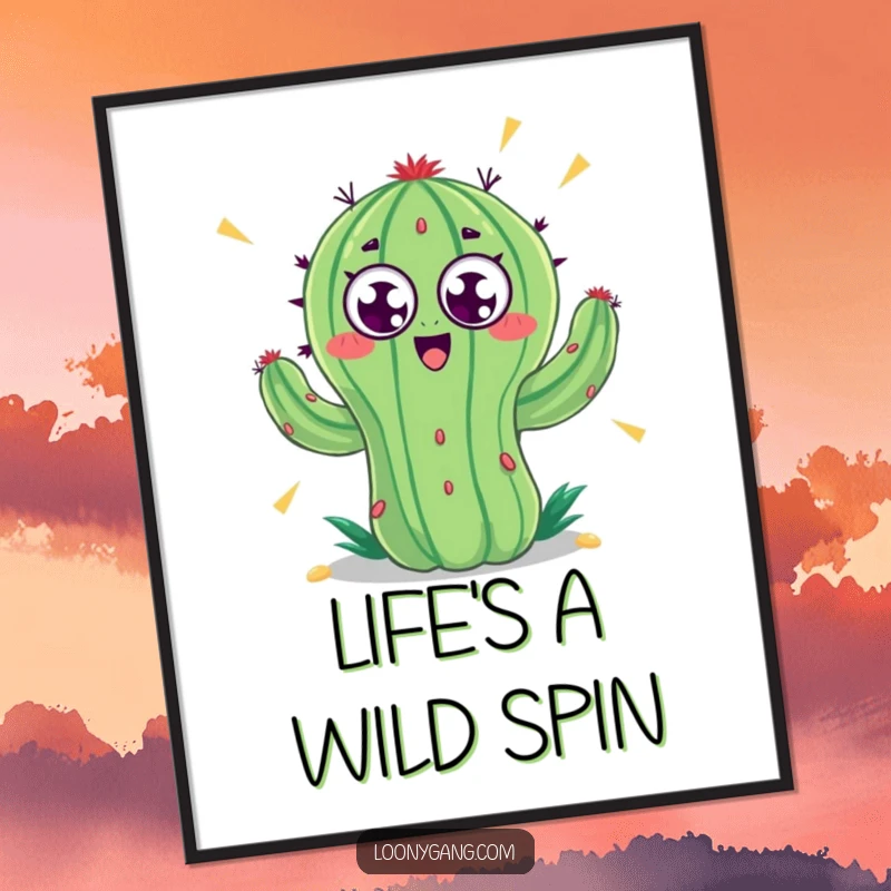 Funny Free Printable Wall Art: A crazy looking cactus with googly eyes, depicted in a frantic, rapid spin, bringing dynamic energy to any room.