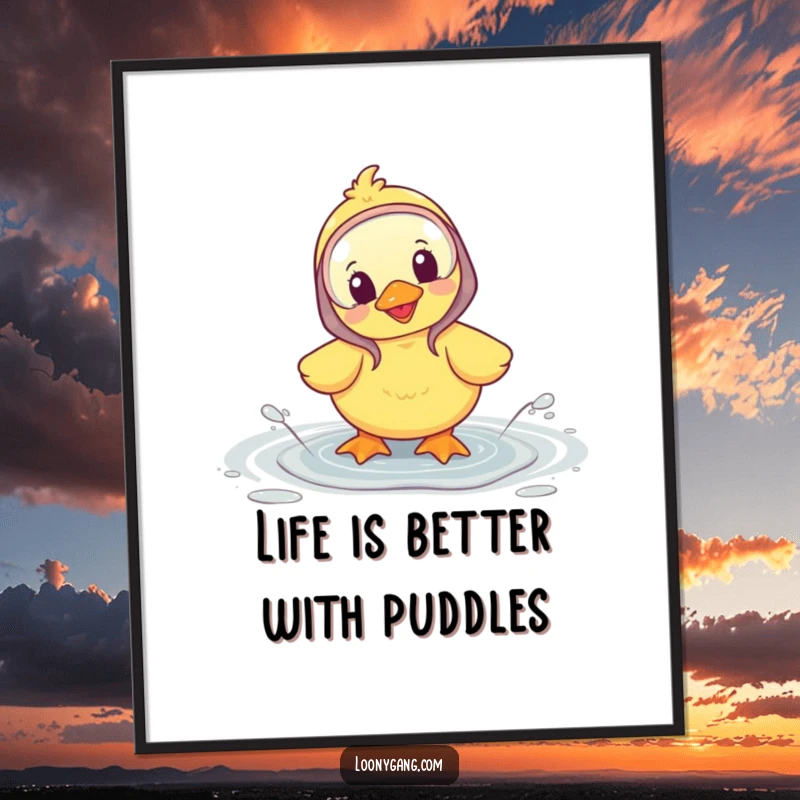 Funny Free Printable Wall Art: A happy duckling wearing galoshes, splashing gleefully in a puddle, bringing cheer to any room.