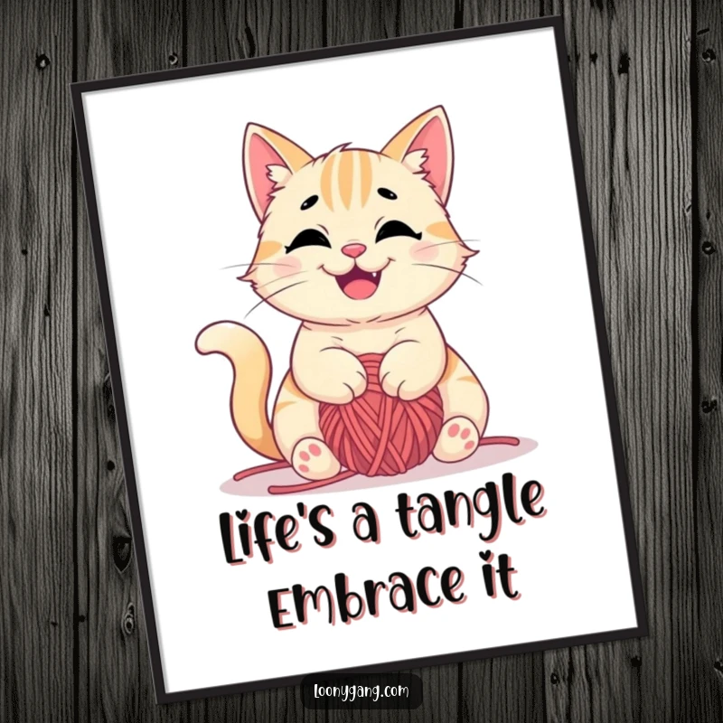 Playful free printable wall art of a mischievous cat happily tangled in a large ball of yarn, looking content and cheeky.