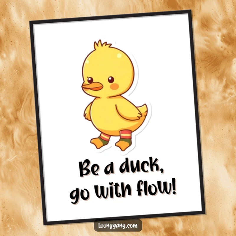 Funny Free Printable Wall Art of a bright yellow duckling confidently strutting in two very different, mismatched socks.