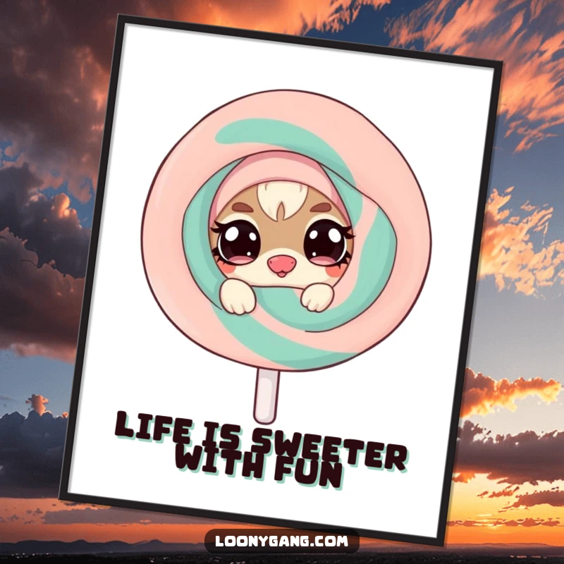 Free Printable Wall Art: A mischievous little creature with twinkling eyes is peeking from behind a gigantic, wobbling lollipop.