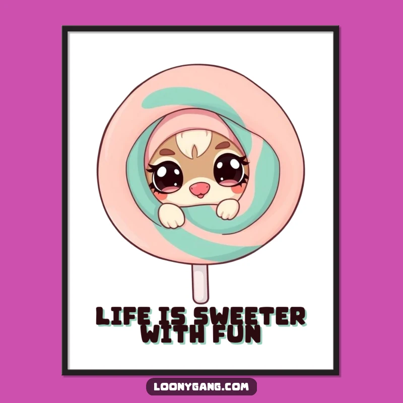 Funny Free Printable Wall Art: Creature Peeking Behind Lollipop, Quirky Downloadable Decor