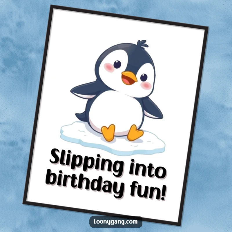 Funny Free Printable Wall Art: A penguin caught in a comical, surprised mid-air slip on a frosty icy patch.