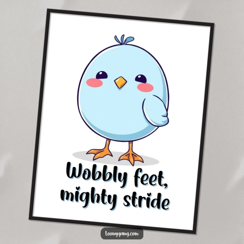 Funny free printable wall art: A round blue bird with ridiculously large, unsteady feet, presented as quirky, downloadable art.
