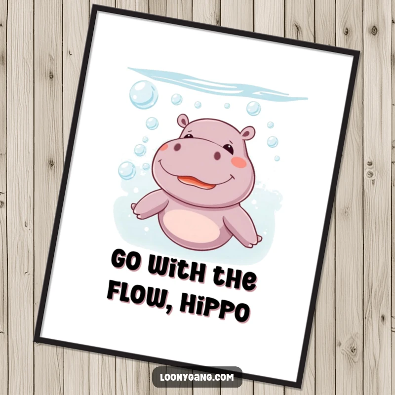 Funny Free Printable Wall Art: A cheerful, giggling hippo blowing a cascade of bubbles underwater.