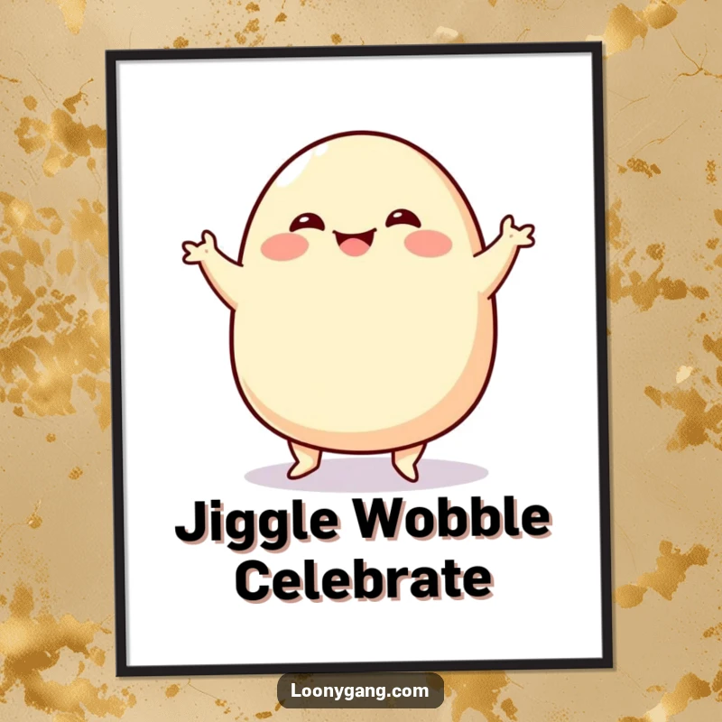 Funny Free Printable Wall Art: A wobbly, round, smiling blob character is captured mid-dance, performing a hilarious and energetic jig.