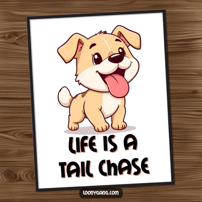 Funny Free Printable wall art of a cartoon dog with its tongue out, comically chasing its tail, a lively download.