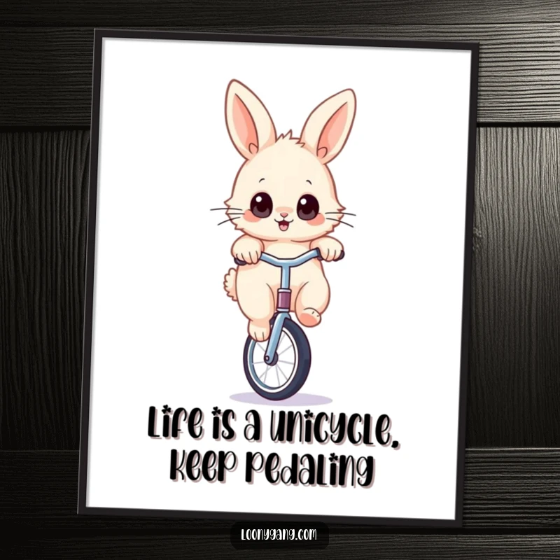 Funny Free Printable Wall Art of a fluffy rabbit with big, wide eyes precariously balancing on a unicycle.