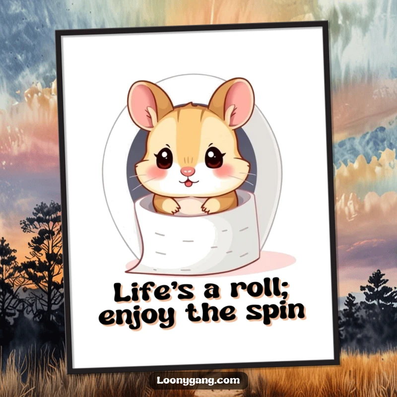 Funny Free Printable Wall Art: Silly hamster cub comically stuck inside a toilet paper roll, its expression full of playful mischief. Downloadable art.