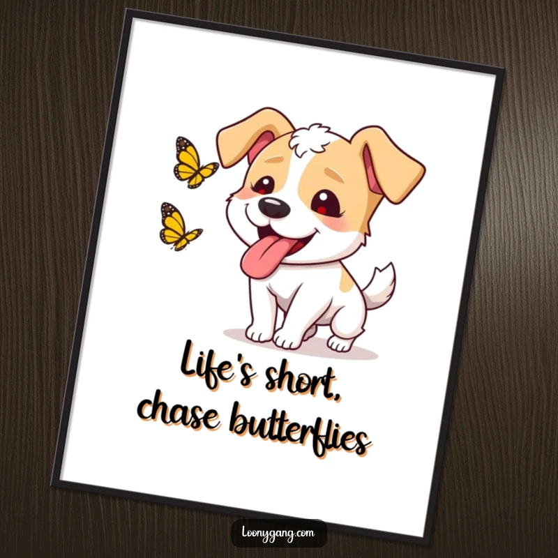 Funny Free Printable Wall Art of a goofy dog with its tongue out, energetically chasing after a butterfly.