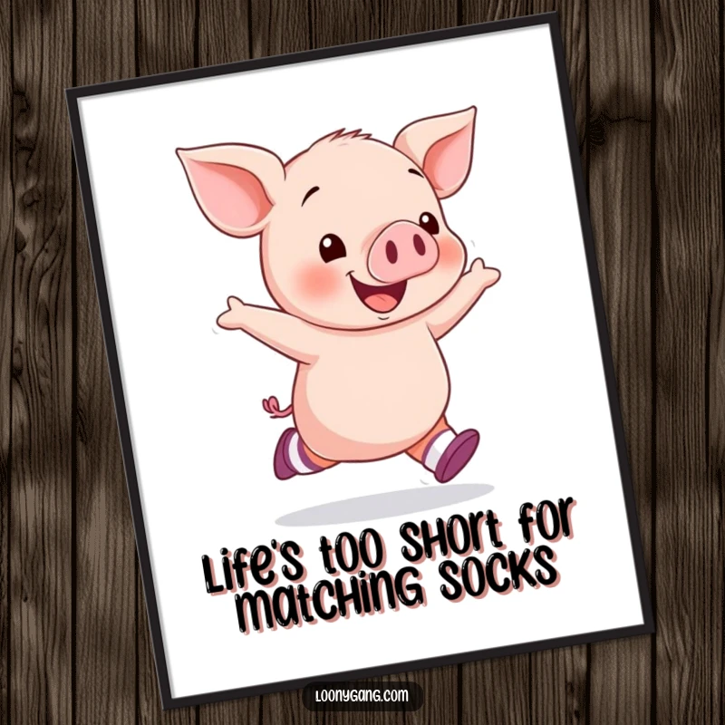 Funny Free Printable Wall Art of a happy piglet wearing mismatched socks and skipping with uncontainable joy.