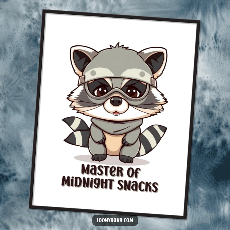 Funny Free Printable Wall Art: A giggling raccoon character wearing a classic bandit mask, exuding playful mischief and charmingly roguish fun.