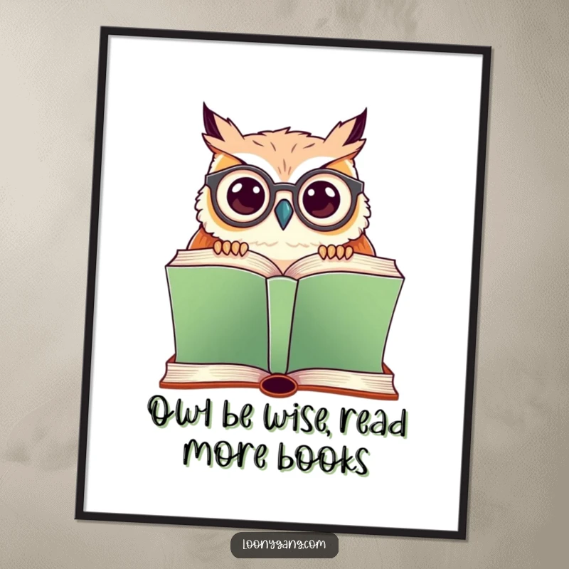 Funny Free Printable Wall Art: A charming owl with crooked glasses peering over a large book, adding literary humor to any room.