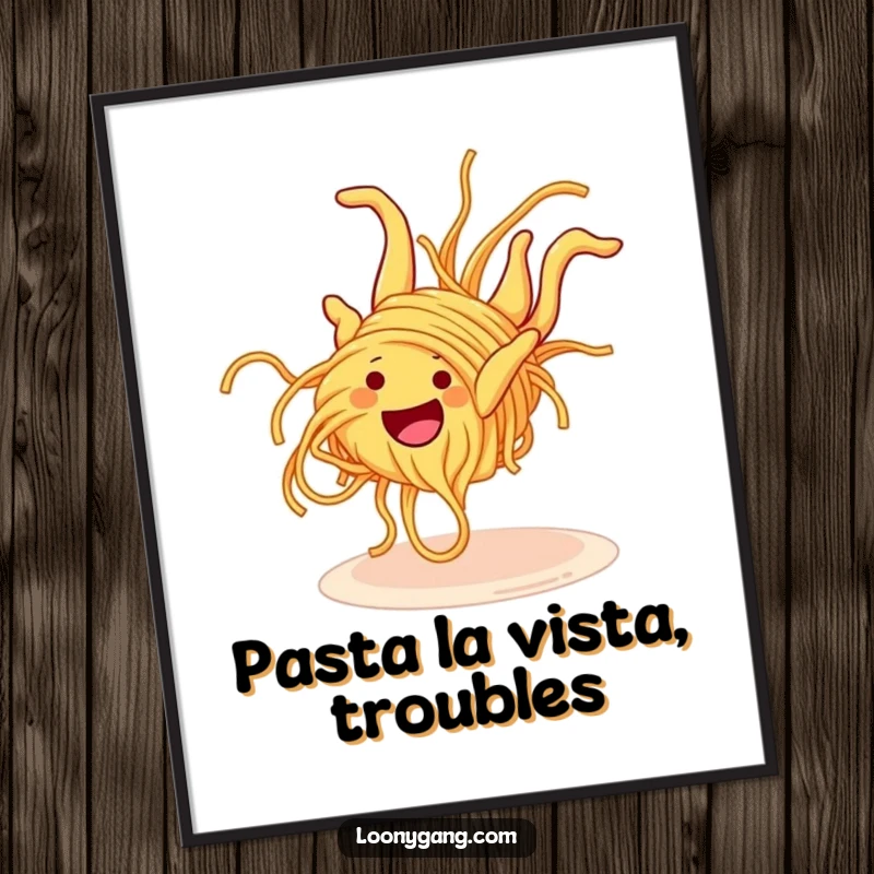 Funny Free Printable Wall Art: A grinning spaghetti noodle character is captured in a hilarious, clumsy somersault motion.