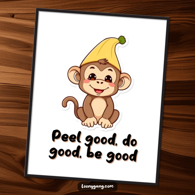 Funny free printable wall art of a silly monkey comically wearing a banana peel as a stylish hat.