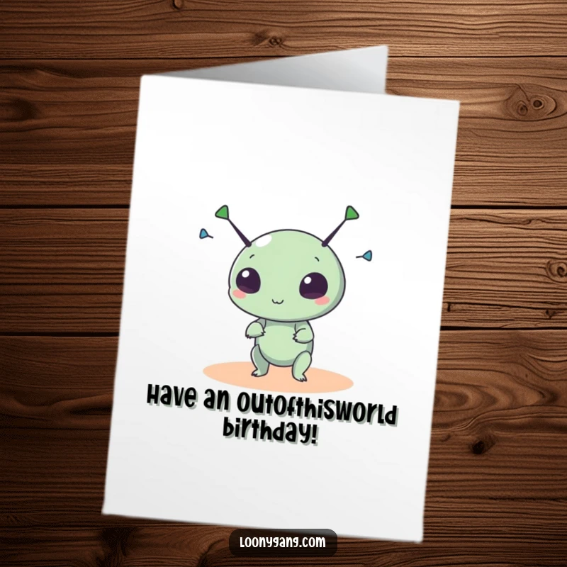 Funny Free Printable Birthday Card: A small round alien creature spins its antennae wildly, celebrating.