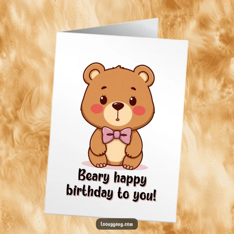 Funny Free Printable Birthday Card: A brown bear cub wears a silly, lopsided bowtie, ready to party.