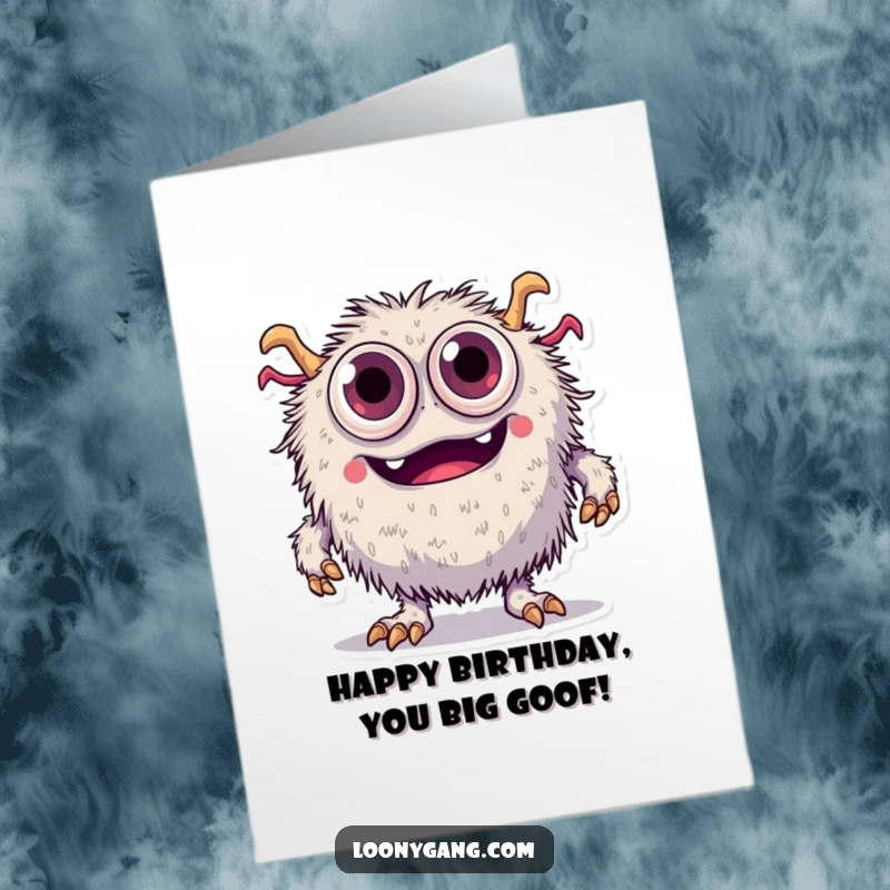 Funny Free Printable Birthday Card: Fuzzy monster with too many eyes tripping over its feet, causing a comical mess.