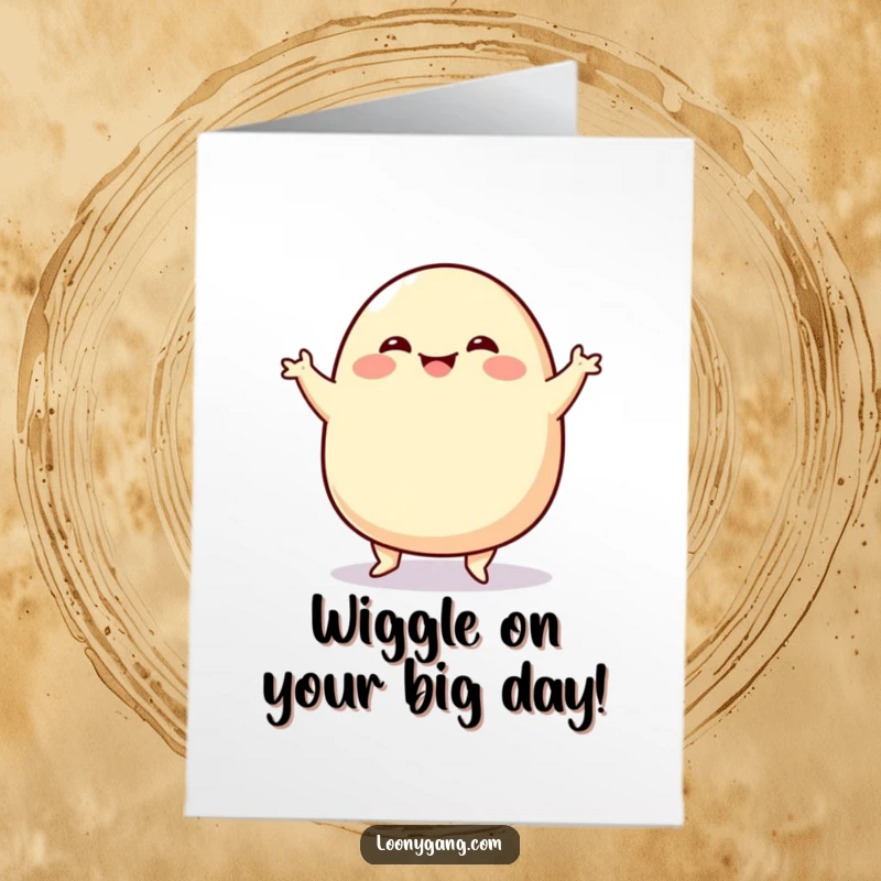 Funny Free Printable Birthday Card: Wobbly blob character smiling widely, performing a hilarious and energetic jig dance with joy.