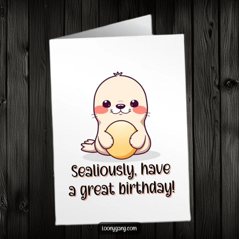 Funny Free Printable Birthday Card: Playful seal masterfully balancing a ball on its nose, wobbling comically.