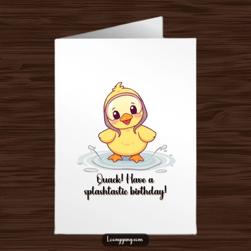 Funny Free Printable Birthday Card: A happy duckling wearing galoshes, joyfully splashing in a puddle, wishing happy birthday.